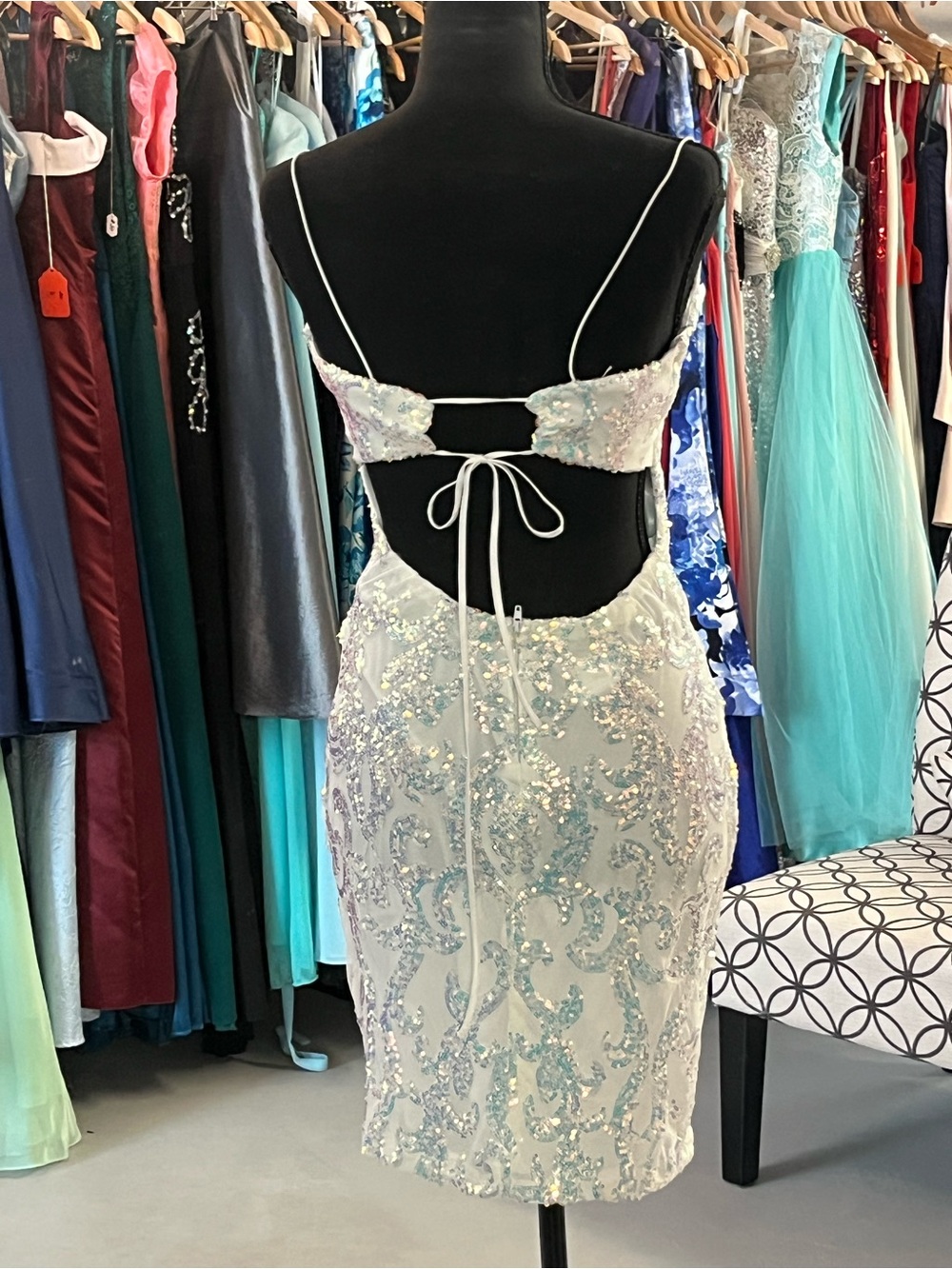 B Darlin White & Iridescent Sequin Open-Back Party Dress